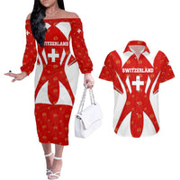 Switzerland Flag Couples Matching Off The Shoulder Long Sleeve Dress and Hawaiian Shirt with Floral Pattern Red and White Sportswear - Wonder Print Shop