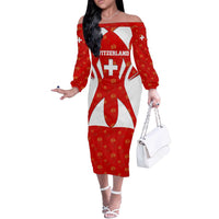 Switzerland Flag Off The Shoulder Long Sleeve Dress with Floral Pattern Red and White Sportswear - Wonder Print Shop