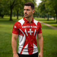 Switzerland Flag Zipper Polo Shirt with Floral Pattern Red and White Sportswear - Wonder Print Shop