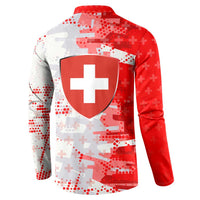 Switzerland Flag Button Sweatshirt with Camo Red White Sportswear with Swiss Cross Shield - Wonder Print Shop