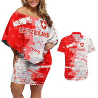 Switzerland Flag Couples Matching Off Shoulder Short Dress and Hawaiian Shirt with Camo Red White Sportswear with Swiss Cross Shield - Wonder Print Shop
