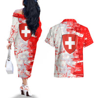 Switzerland Flag Couples Matching Off The Shoulder Long Sleeve Dress and Hawaiian Shirt with Camo Red White Sportswear with Swiss Cross Shield - Wonder Print Shop