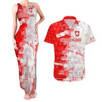 Switzerland Flag Couples Matching Tank Maxi Dress and Hawaiian Shirt with Camo Red White Sportswear with Swiss Cross Shield - Wonder Print Shop