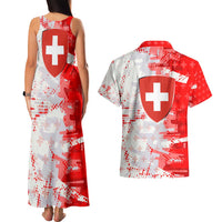 Switzerland Flag Couples Matching Tank Maxi Dress and Hawaiian Shirt with Camo Red White Sportswear with Swiss Cross Shield - Wonder Print Shop