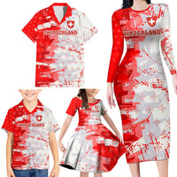 Switzerland Flag Family Matching Long Sleeve Bodycon Dress and Hawaiian Shirt with Camo Red White Sportswear with Swiss Cross Shield - Wonder Print Shop