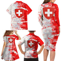 Switzerland Flag Family Matching Long Sleeve Bodycon Dress and Hawaiian Shirt with Camo Red White Sportswear with Swiss Cross Shield - Wonder Print Shop