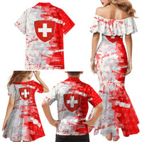 Switzerland Flag Family Matching Mermaid Dress and Hawaiian Shirt with Camo Red White Sportswear with Swiss Cross Shield - Wonder Print Shop