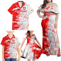 Switzerland Flag Family Matching Off Shoulder Maxi Dress and Hawaiian Shirt with Camo Red White Sportswear with Swiss Cross Shield - Wonder Print Shop