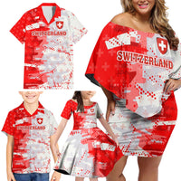 Switzerland Flag Family Matching Off Shoulder Short Dress and Hawaiian Shirt with Camo Red White Sportswear with Swiss Cross Shield - Wonder Print Shop