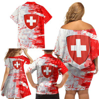 Switzerland Flag Family Matching Off Shoulder Short Dress and Hawaiian Shirt with Camo Red White Sportswear with Swiss Cross Shield - Wonder Print Shop