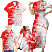 Switzerland Flag Family Matching Short Sleeve Bodycon Dress and Hawaiian Shirt with Camo Red White Sportswear with Swiss Cross Shield - Wonder Print Shop