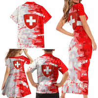 Switzerland Flag Family Matching Short Sleeve Bodycon Dress and Hawaiian Shirt with Camo Red White Sportswear with Swiss Cross Shield - Wonder Print Shop