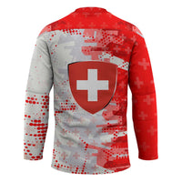 Switzerland Flag Hockey Jersey with Camo Red White Sportswear with Swiss Cross Shield - Wonder Print Shop