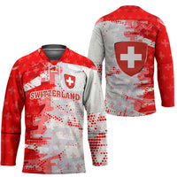 Switzerland Flag Hockey Jersey with Camo Red White Sportswear with Swiss Cross Shield - Wonder Print Shop