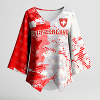 Switzerland Flag Kimono Sleeve Blouse with Camo Red White Sportswear with Swiss Cross Shield - Wonder Print Shop