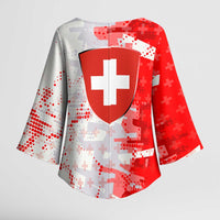 Switzerland Flag Kimono Sleeve Blouse with Camo Red White Sportswear with Swiss Cross Shield - Wonder Print Shop