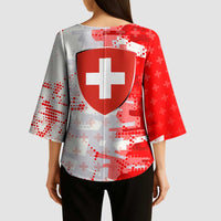 Switzerland Flag Kimono Sleeve Blouse with Camo Red White Sportswear with Swiss Cross Shield - Wonder Print Shop