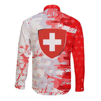 Switzerland Flag Long Sleeve Button Shirt with Camo Red White Sportswear with Swiss Cross Shield - Wonder Print Shop