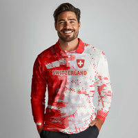 Switzerland Flag Long Sleeve Polo Shirt with Camo Red White Sportswear with Swiss Cross Shield - Wonder Print Shop