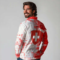 Switzerland Flag Long Sleeve Polo Shirt with Camo Red White Sportswear with Swiss Cross Shield - Wonder Print Shop