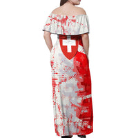 Switzerland Flag Off Shoulder Maxi Dress with Camo Red White Sportswear with Swiss Cross Shield - Wonder Print Shop