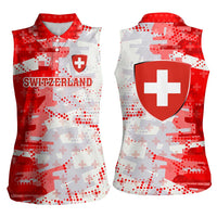 Switzerland Flag Women Sleeveless Polo Shirt with Camo Red White Sportswear with Swiss Cross Shield - Wonder Print Shop