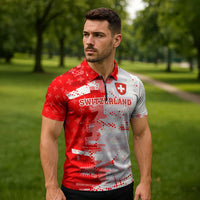 Switzerland Flag Zipper Polo Shirt with Camo Red White Sportswear with Swiss Cross Shield - Wonder Print Shop