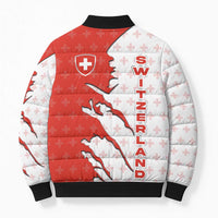 Switzerland Map Scratch Claw Swiss Flag Bomber Puffer Jacket with Vertical Text - Wonder Print Shop