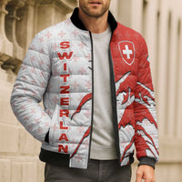 Switzerland Map Scratch Claw Swiss Flag Bomber Puffer Jacket with Vertical Text - Wonder Print Shop