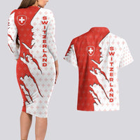 Switzerland Map Scratch Claw Swiss Flag Couples Matching Long Sleeve Bodycon Dress and Hawaiian Shirt with Vertical Text - Wonder Print Shop