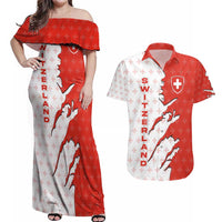 Switzerland Map Scratch Claw Swiss Flag Couples Matching Off Shoulder Maxi Dress and Hawaiian Shirt with Vertical Text - Wonder Print Shop