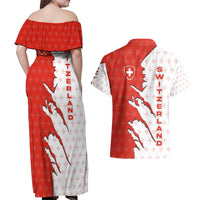 Switzerland Map Scratch Claw Swiss Flag Couples Matching Off Shoulder Maxi Dress and Hawaiian Shirt with Vertical Text - Wonder Print Shop