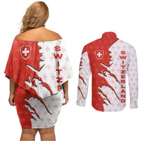 Switzerland Map Scratch Claw Swiss Flag Couples Matching Off Shoulder Short Dress and Long Sleeve Button Shirt with Vertical Text - Wonder Print Shop