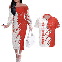 Switzerland Map Scratch Claw Swiss Flag Couples Matching Off The Shoulder Long Sleeve Dress and Hawaiian Shirt with Vertical Text - Wonder Print Shop