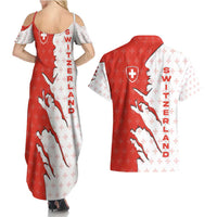 Switzerland Map Scratch Claw Swiss Flag Couples Matching Summer Maxi Dress and Hawaiian Shirt with Vertical Text - Wonder Print Shop