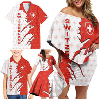 Switzerland Map Scratch Claw Swiss Flag Family Matching Off Shoulder Short Dress and Hawaiian Shirt with Vertical Text - Wonder Print Shop
