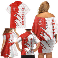Switzerland Map Scratch Claw Swiss Flag Family Matching Off Shoulder Short Dress and Hawaiian Shirt with Vertical Text - Wonder Print Shop