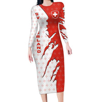 Switzerland Map Scratch Claw Swiss Flag Long Sleeve Bodycon Dress with Vertical Text - Wonder Print Shop