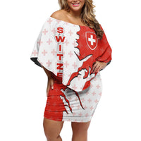 Switzerland Map Scratch Claw Swiss Flag Off Shoulder Short Dress with Vertical Text - Wonder Print Shop