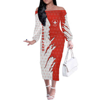 Switzerland Map Scratch Claw Swiss Flag Off The Shoulder Long Sleeve Dress with Vertical Text - Wonder Print Shop