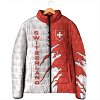 Switzerland Map Scratch Claw Swiss Flag Padded Jacket with Vertical Text - Wonder Print Shop