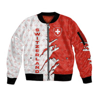 Switzerland Map Scratch Claw Swiss Flag Sleeve Zip Bomber Jacket with Vertical Text - Wonder Print Shop