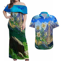 Edelweiss Flower Switzerland Mountain Couples Matching Off Shoulder Maxi Dress and Hawaiian Shirt - Wonder Print Shop