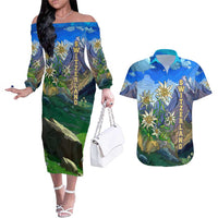 Edelweiss Flower Switzerland Mountain Couples Matching Off The Shoulder Long Sleeve Dress and Hawaiian Shirt - Wonder Print Shop