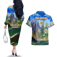 Edelweiss Flower Switzerland Mountain Couples Matching Off The Shoulder Long Sleeve Dress and Hawaiian Shirt - Wonder Print Shop