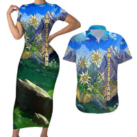 Edelweiss Flower Switzerland Mountain Couples Matching Short Sleeve Bodycon Dress and Hawaiian Shirt - Wonder Print Shop