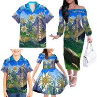 Edelweiss Flower Switzerland Mountain Family Matching Off The Shoulder Long Sleeve Dress and Hawaiian Shirt - Wonder Print Shop