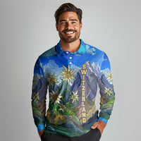 Edelweiss Flower Switzerland Mountain Long Sleeve Polo Shirt - Wonder Print Shop