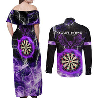 Personalized Purple Lightning Darts Board Couples Matching Off Shoulder Maxi Dress and Long Sleeve Button Shirt with Owl Graphic - Wonder Print Shop