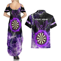 Personalized Purple Lightning Darts Board Couples Matching Summer Maxi Dress and Hawaiian Shirt with Owl Graphic - Wonder Print Shop